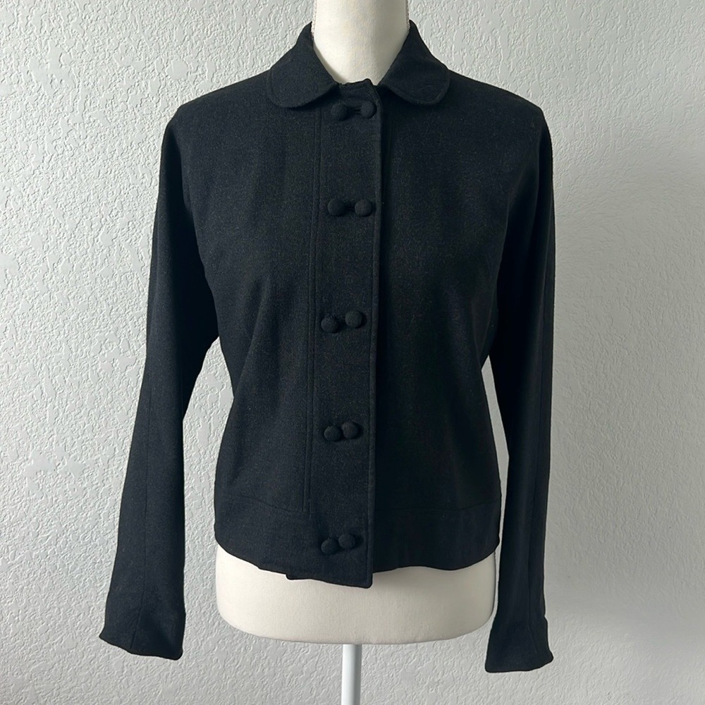 Charcoal‎ Grey Wool Blend Double Breasted Jacket Peter Pan Collar Womens Medium - Picture 3 of 9
